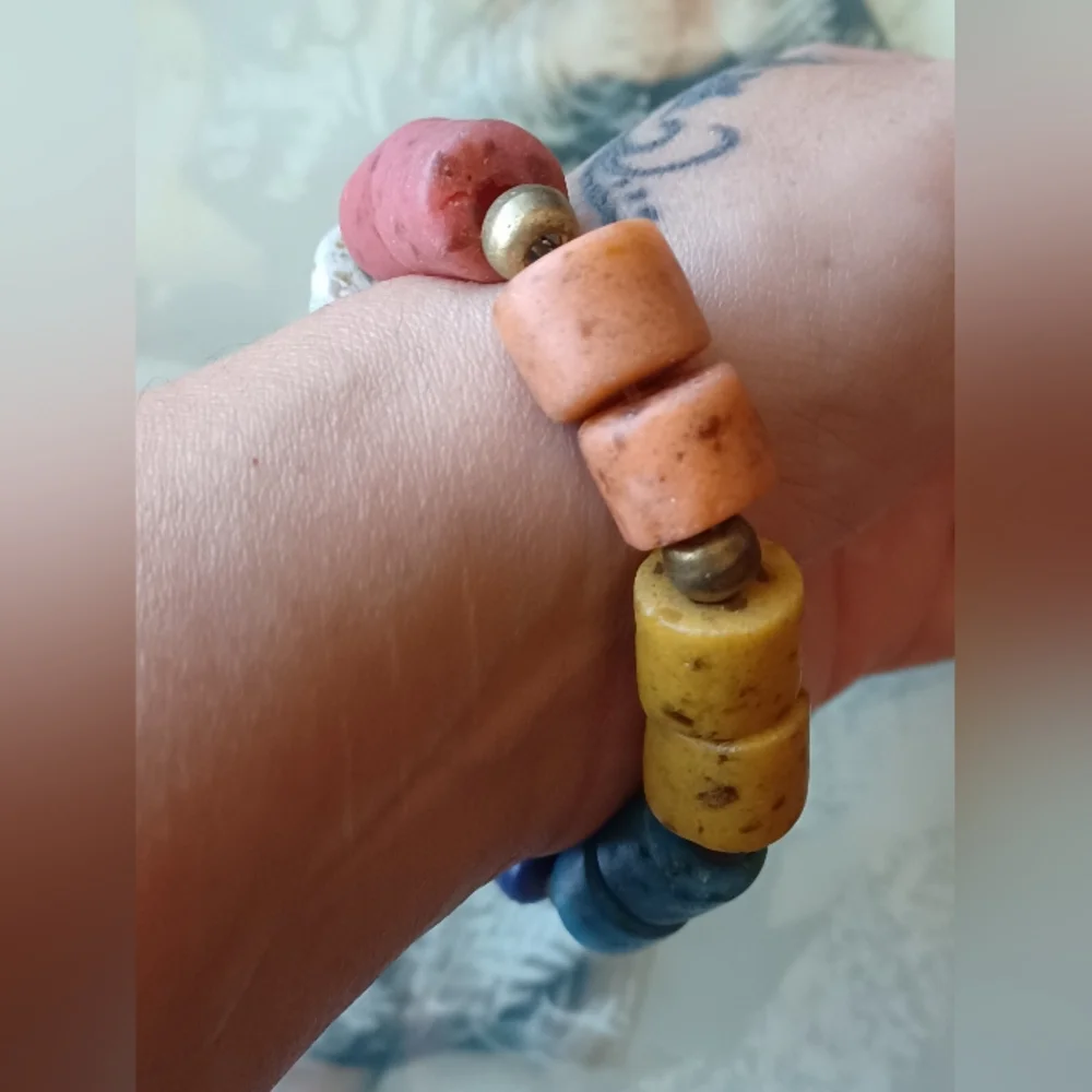 African Kobo Recycled Glass Beaded Bracelet 🩵🧡💙🤍💫 - Picture 5 of 7